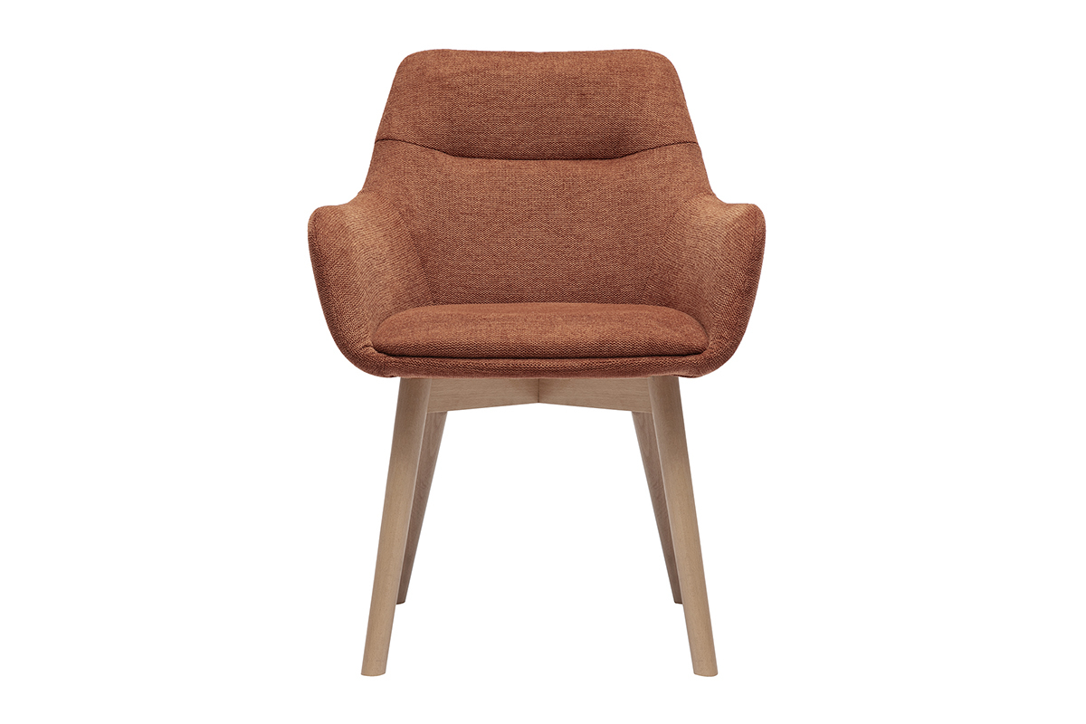 Sedia ALESS vista frontale, tessuto effetto velluto terra bruciata, gambe in legno chiaro.