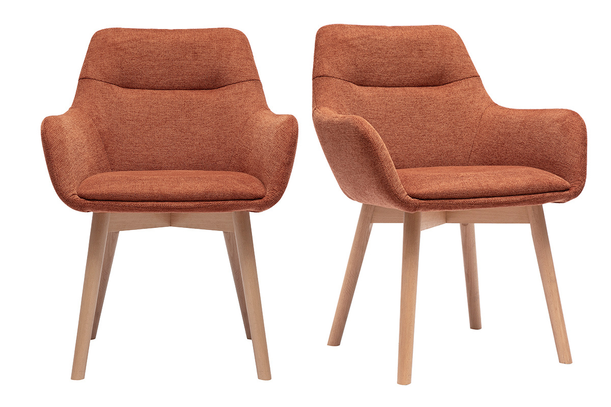 Sedie ALESS in tessuto velluto terra bruciata e legno chiaro, vista frontale.