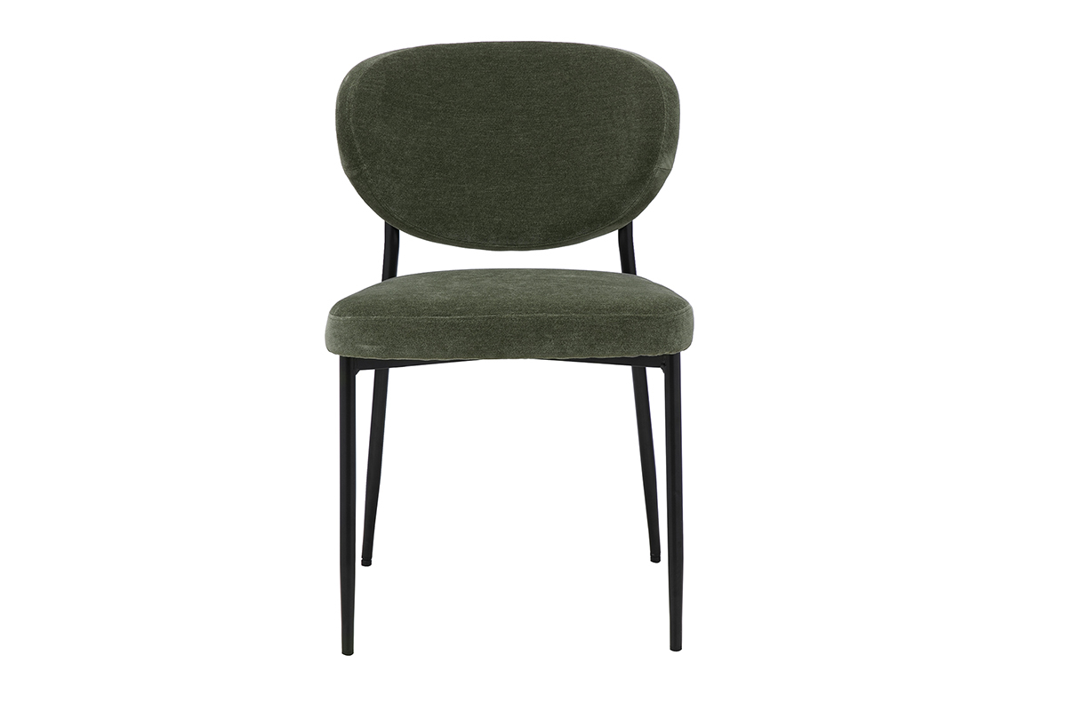 Sedia in tessuto effetto velluto verde kaki con struttura in metallo cromato, vista frontale