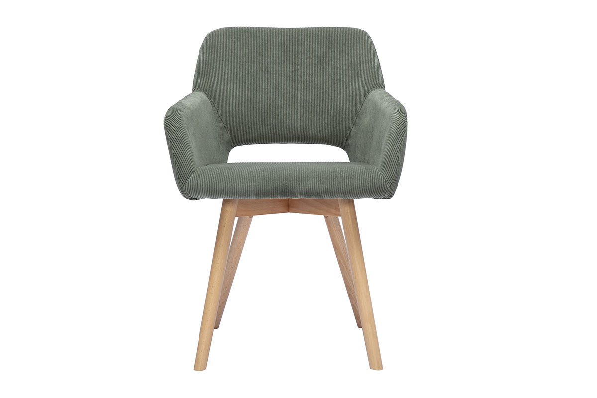 Sedia in tessuto velluto a coste verde kaki e legno chiaro, vista frontale