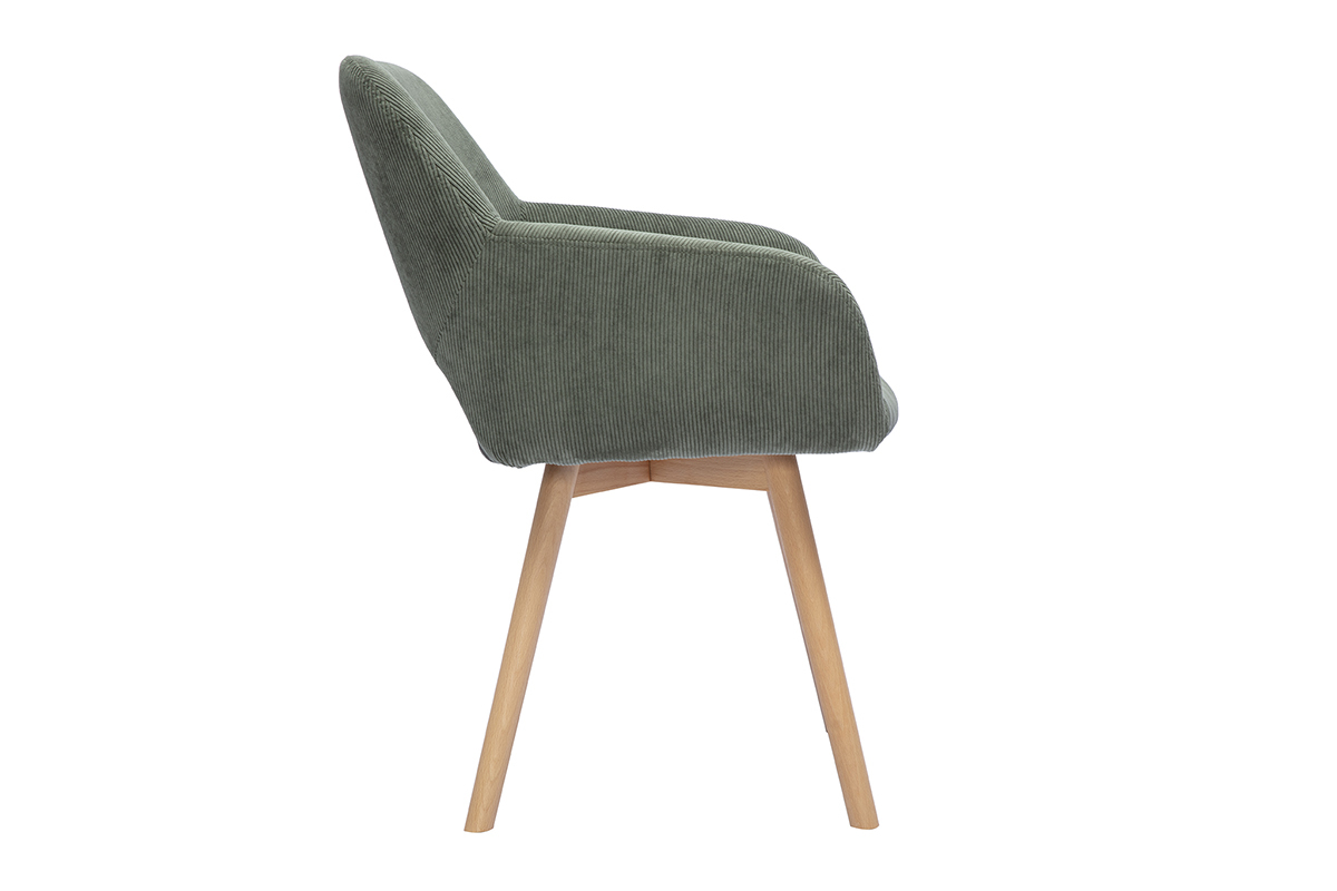 Chaise in tessuto velluto a coste verde kaki, vista di profilo, con gambe in legno chiaro.