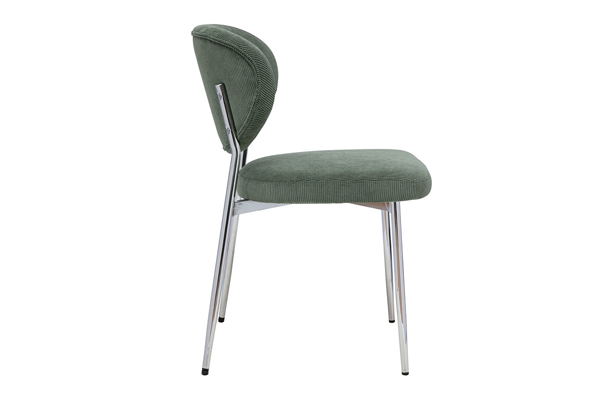 Sedia in tessuto velluto a coste verde kaki, profilo sinistro, con base in metallo cromato.