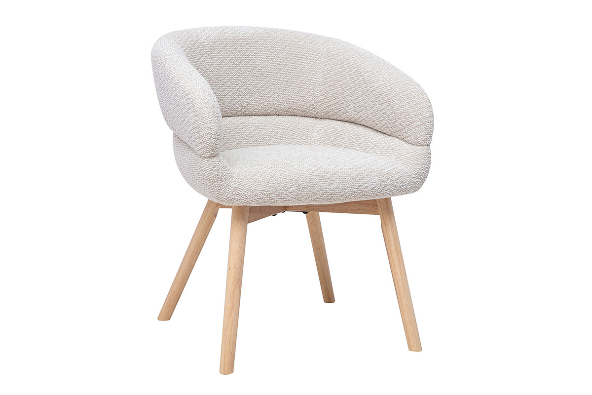 Sedia in tessuto velluto ciniglia beige con gambe in legno chiaro, vista da tre quarti.