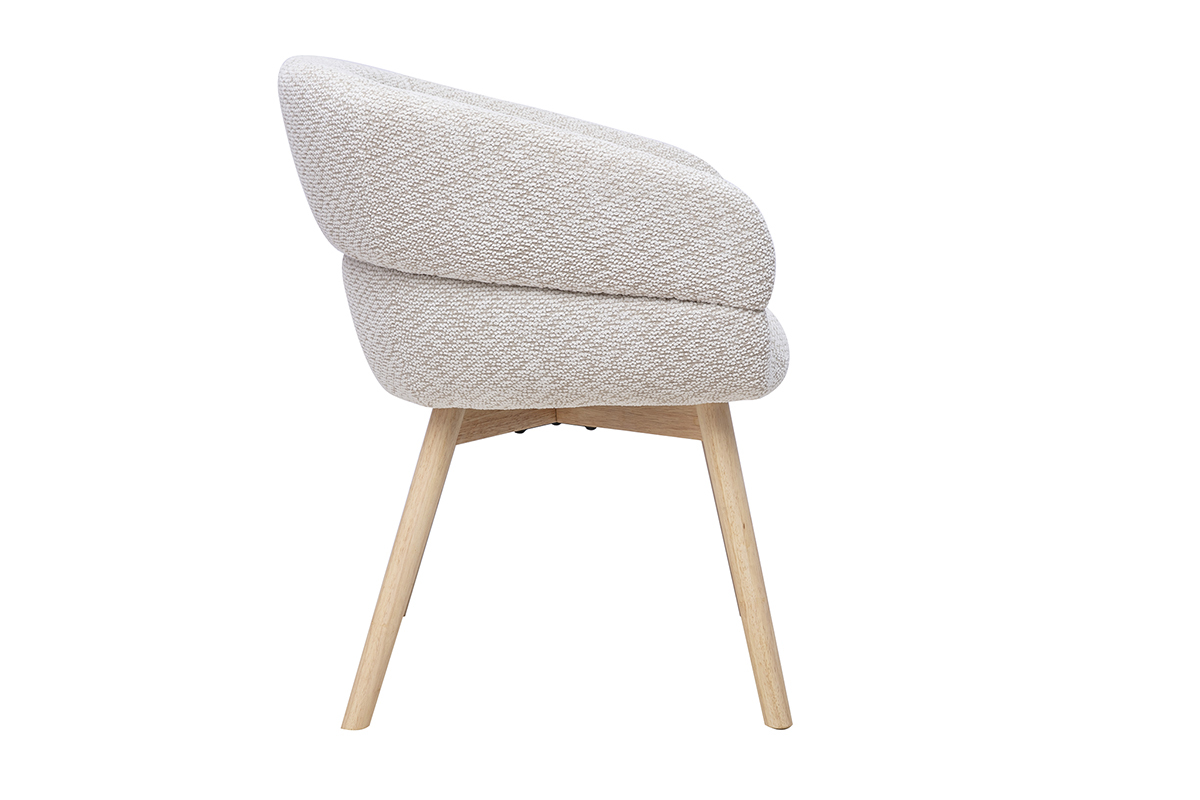 Sedia TIGGY in tessuto velluto chenille beige, vista di profilo con gambe in legno chiaro.