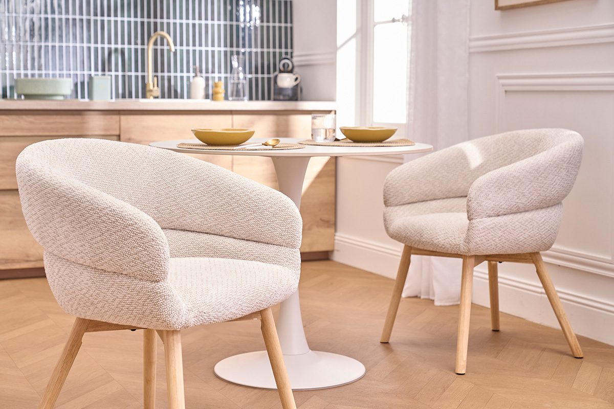 Sedie in tessuto velluto chenille beige e legno chiaro (lotto da 2) TIGGY
