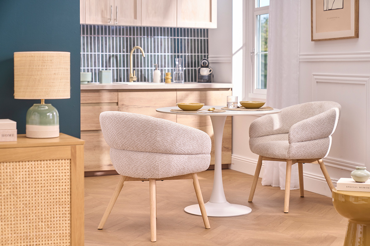 Sedie in tessuto velluto chenille beige e legno chiaro (lotto da 2) TIGGY
