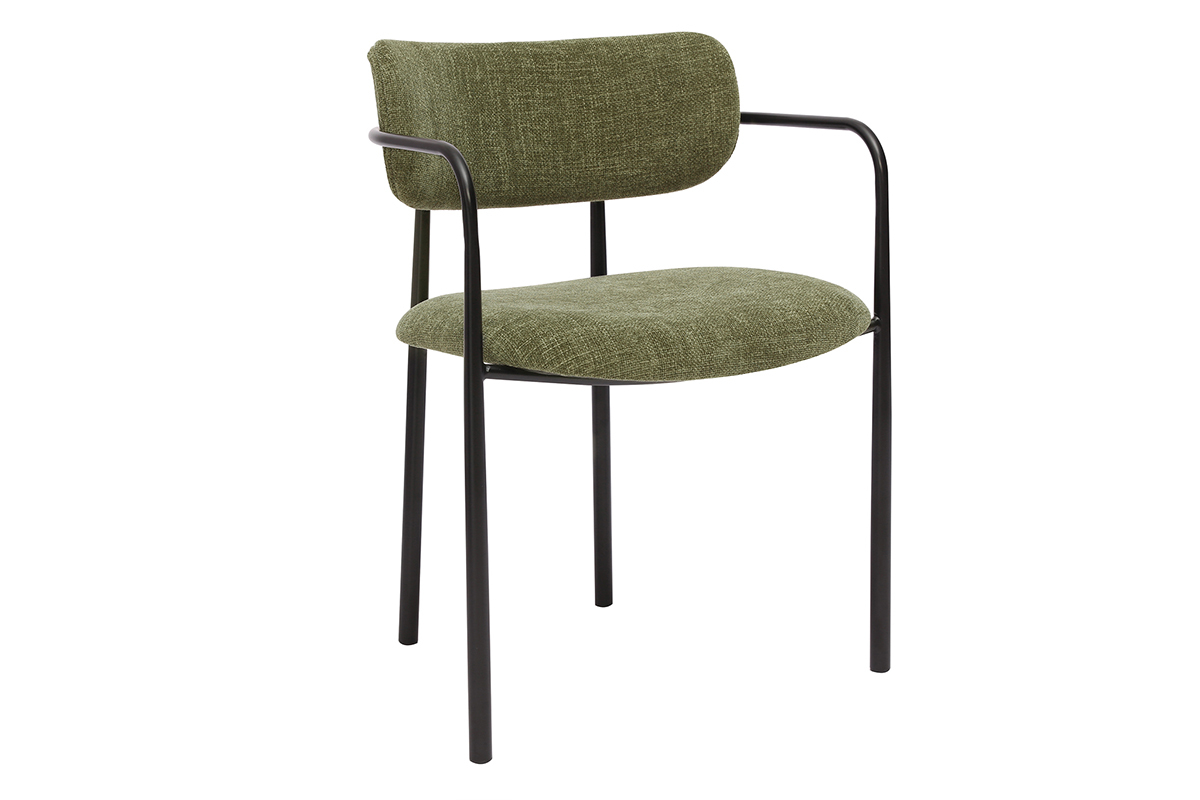 Sedia in tessuto verde cachi e metallo nero vista da 3/4.