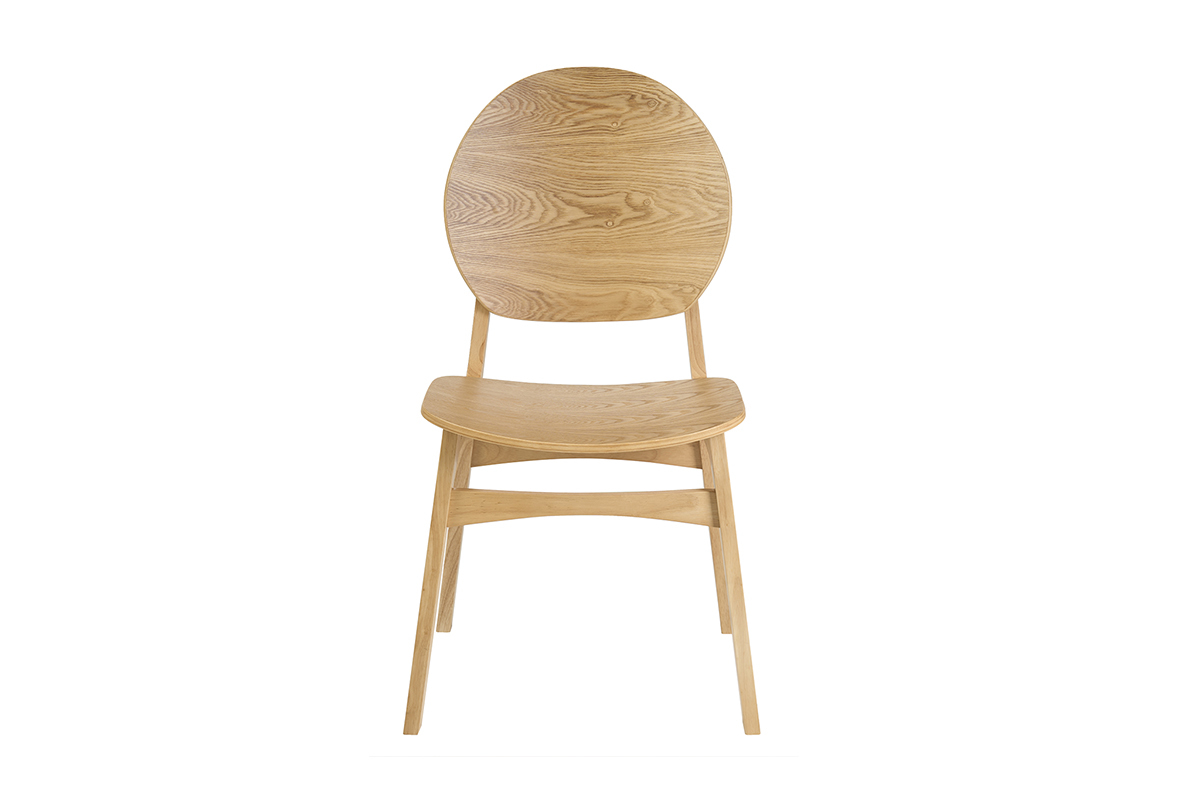 Sedia scandinava in legno chiaro ELTON vista frontale con schienale rotondo e seduta ergonomica.