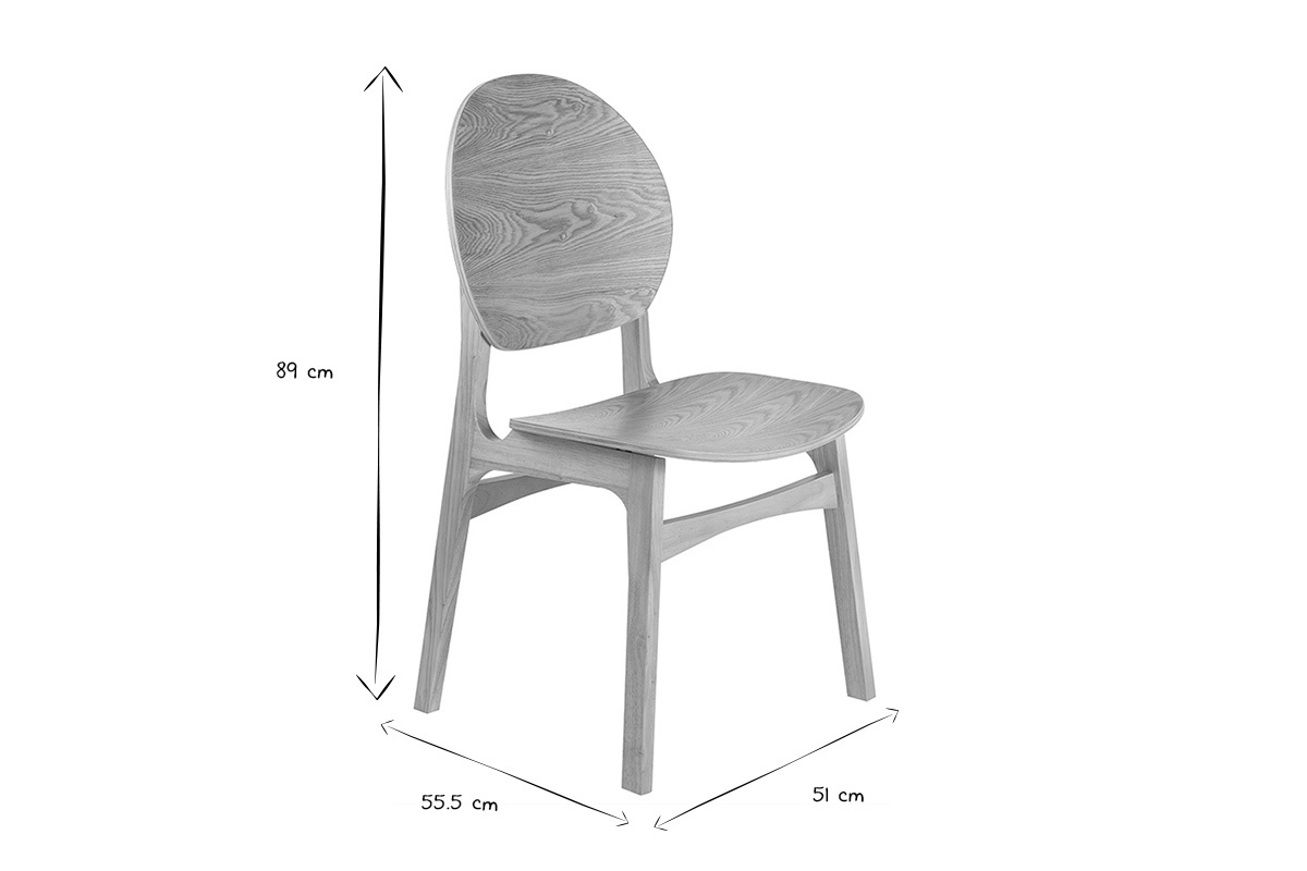Dimensioni delle sedie scandinave ELTON in legno chiaro: 89 cm di altezza, 55,5 cm di larghezza, 51 cm di profondit�.