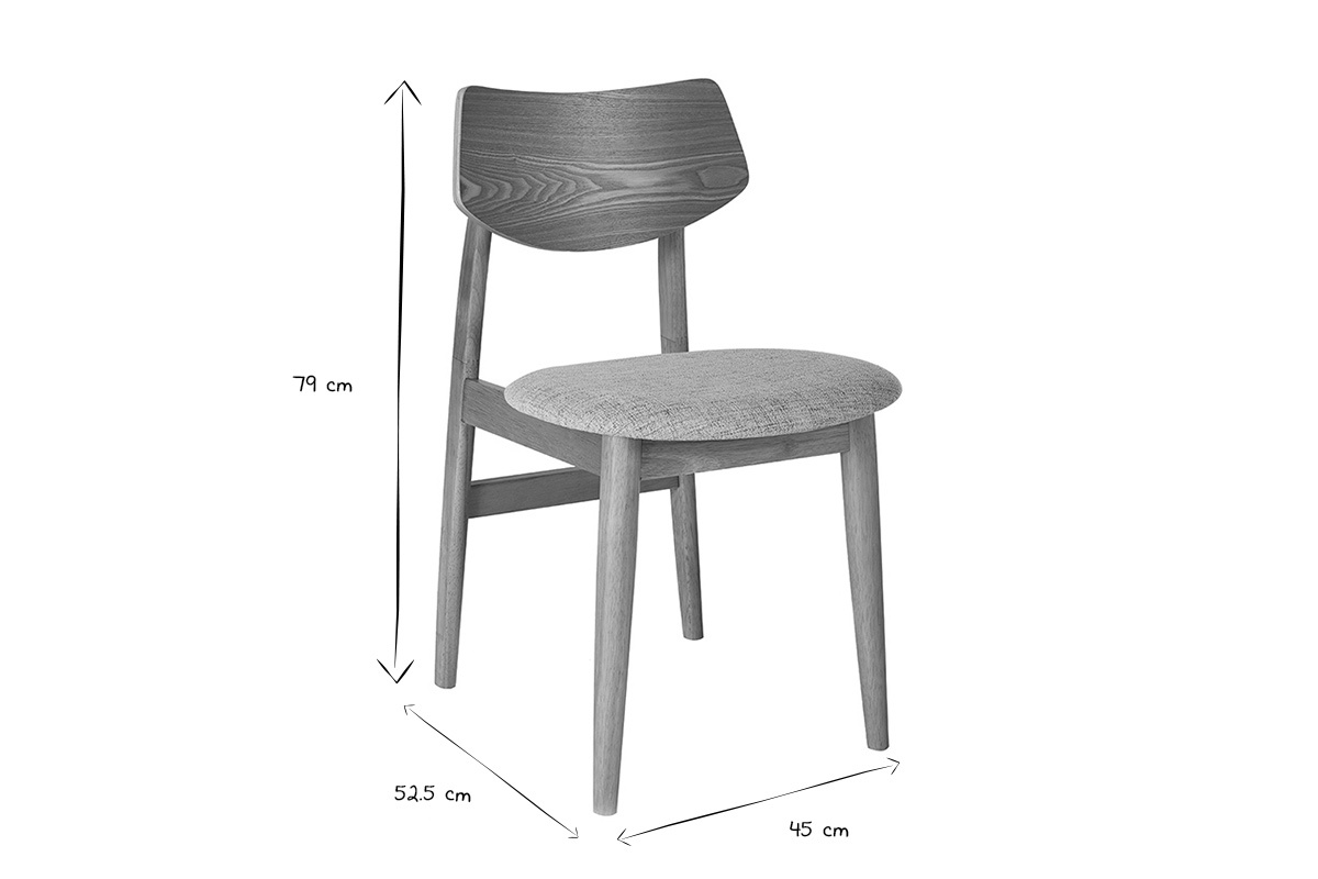 Sedia scandinava con dimensioni: H 79 cm, L 52,5 cm, P 45 cm, vista 3/4 in bianco e nero.