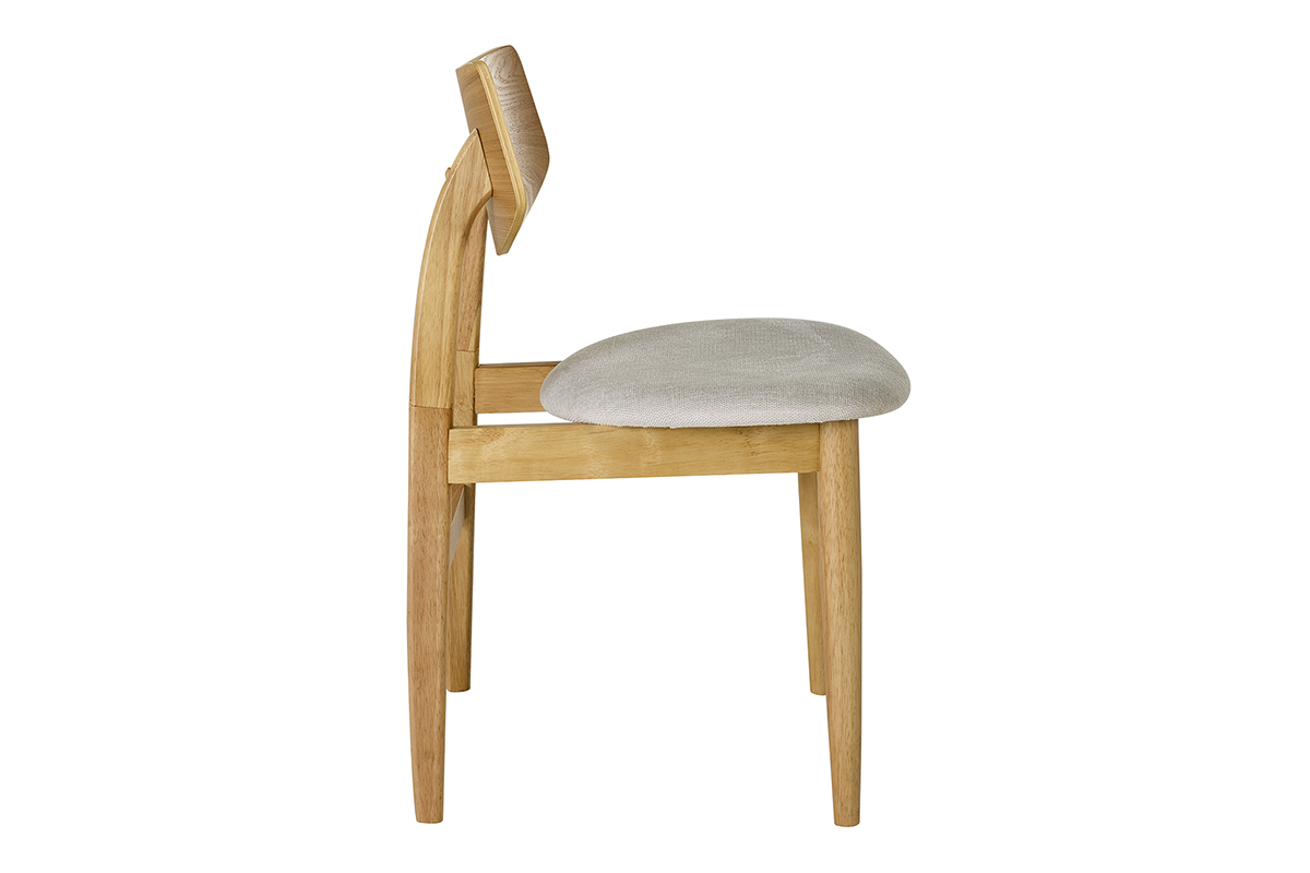 Sedia scandinava in legno chiaro e tessuto beige, vista laterale.