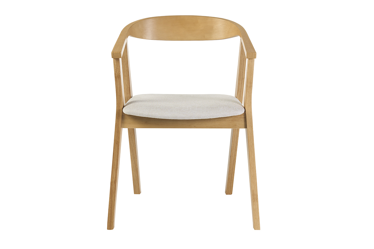 Sedia scandinava BAHIA in legno chiaro con braccioli e cuscino beige, vista frontale.