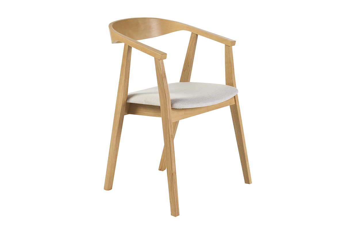 Sedia scandinava in legno chiaro con seduta in tessuto beige, vista a 3/4