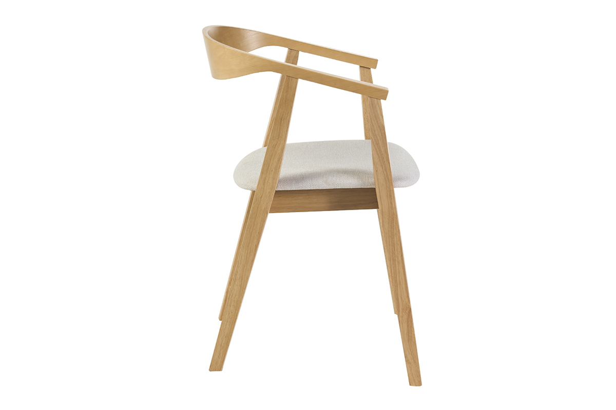 Chaise scandinave en bois clair avec assise en tissu velours beige, vue de profil.