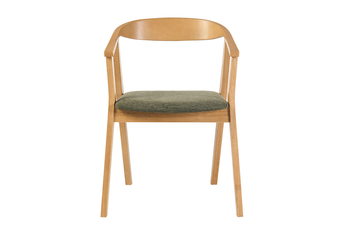 Sedia scandinava in legno chiaro con seduta in tessuto verde kaki, vista frontale.