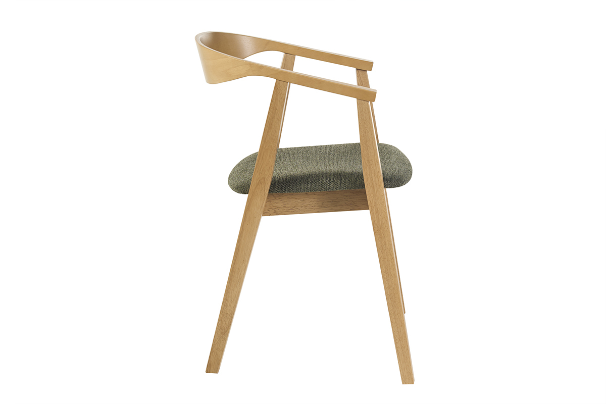 Sedia scandinava BAHIA in legno chiaro con braccioli e seduta in tessuto verde kaki, vista di profilo.