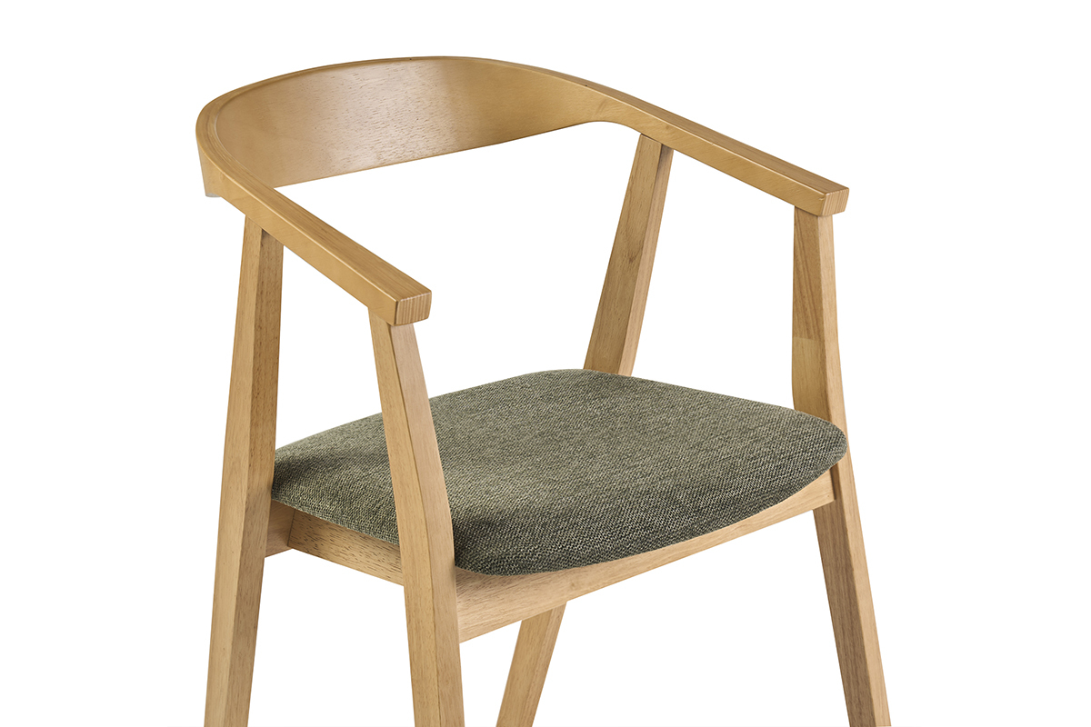 Sedia scandinava BAHIA in legno chiaro con seduta in tessuto verde kaki, vista in tre quarti