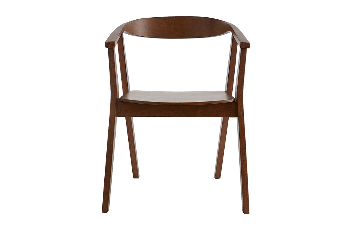 Sedia scandinava in legno scuro BAHIA, vista frontale con braccioli e schienale circolare.