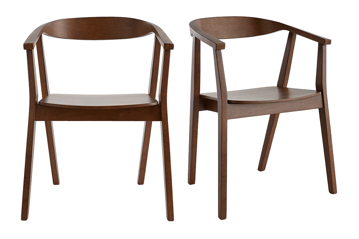 Set di 2 sedie scandinave in legno scuro, vista frontale, design retr� con braccioli.