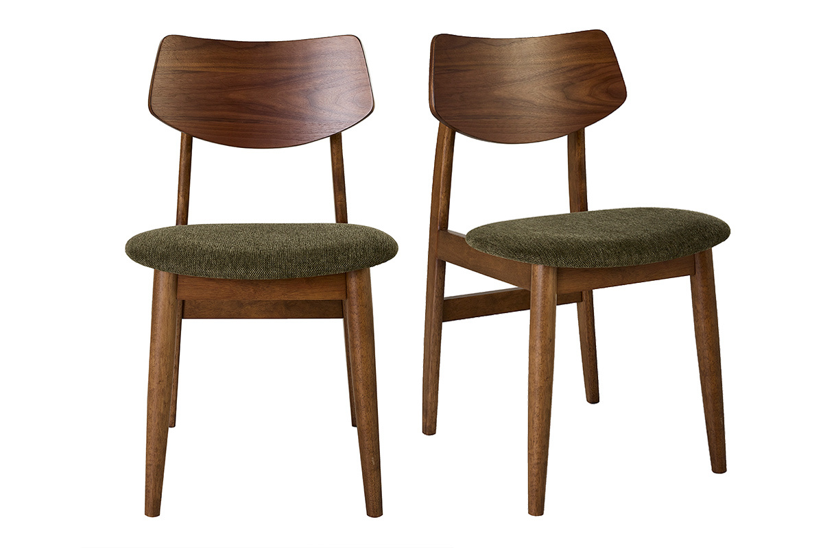 Sedie in legno scuro e seduta in velluto cachi, vista frontale.