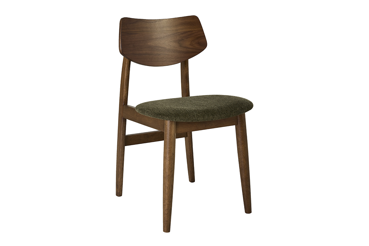 Sedia in legno scuro, seduta in tessuto effetto velluto verde kaki, vista da 3/4.