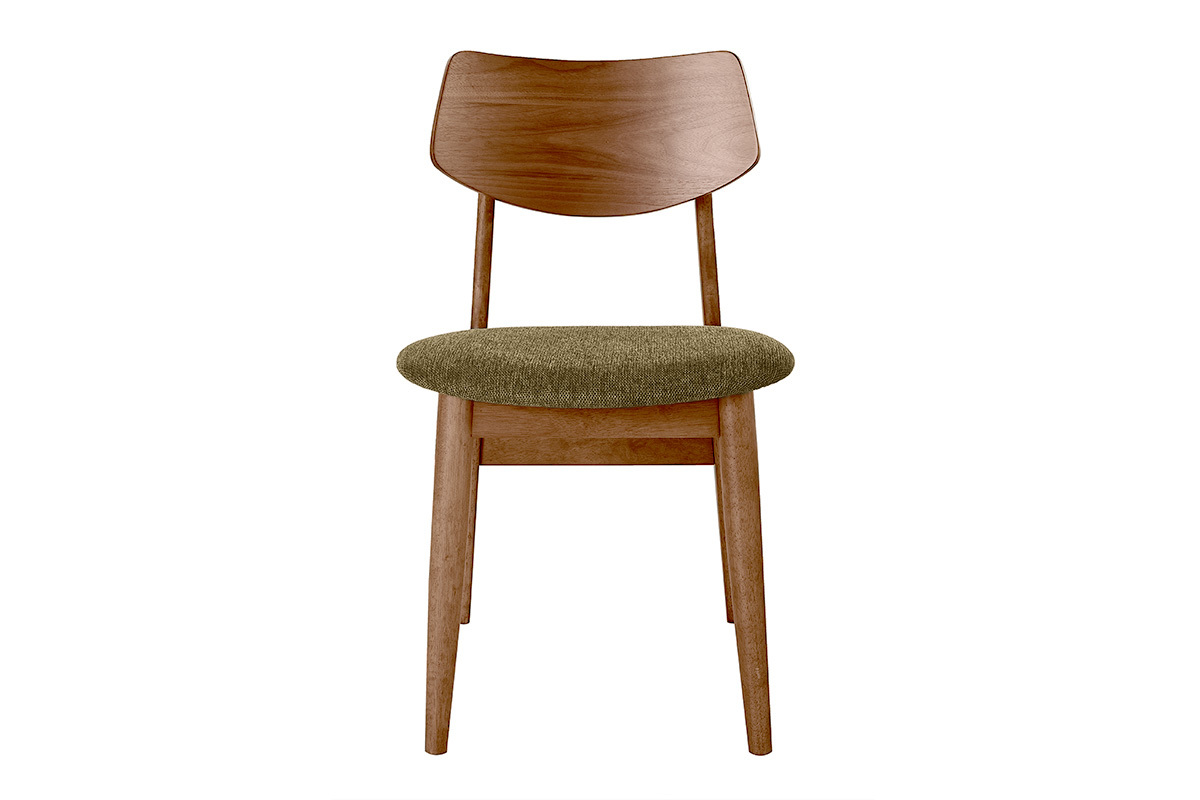 Sedia scandinava in legno scuro e tessuto verde kaki, vista frontale