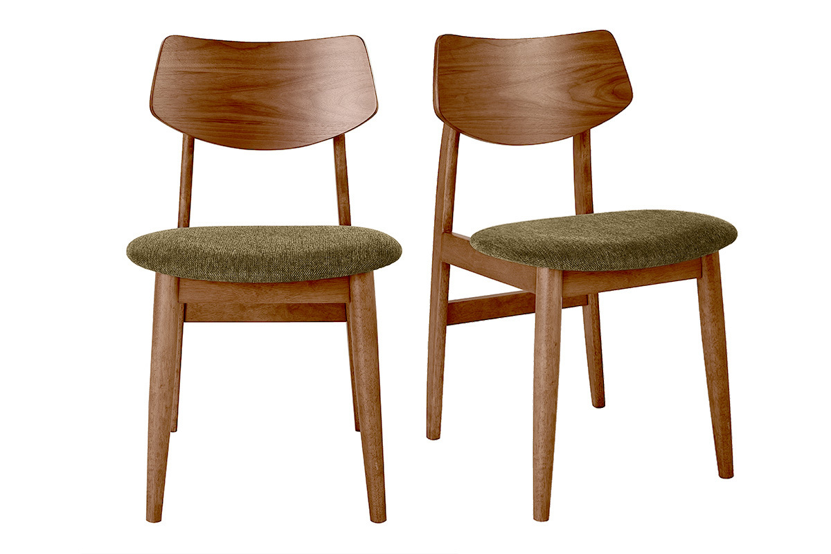 Set di 2 sedie scandinave in legno scuro e tessuto verde kaki, vista frontale.