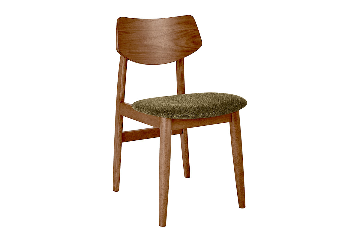 Sedia scandinava in legno scuro con seduta in tessuto verde kaki, vista a tre quarti.