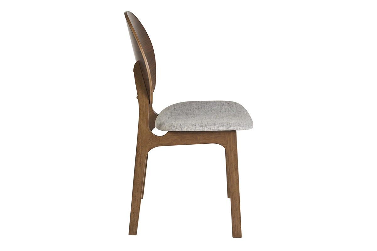 Sedia scandinava ELTON in legno scuro e tessuto grigio chiaro, vista di profilo.