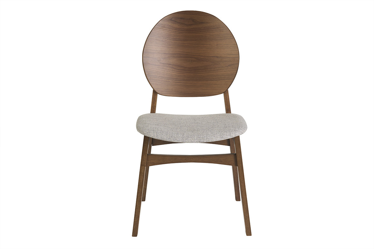 Sedia scandinava in legno scuro e tessuto grigio chiaro vista frontale