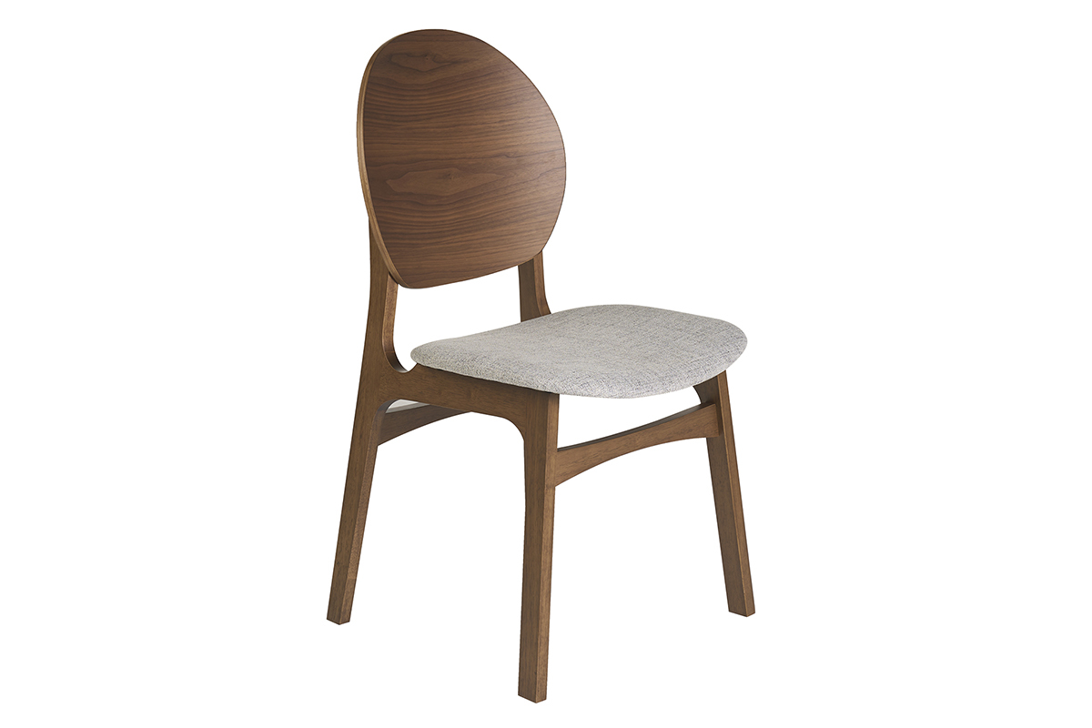 Sedia scandinava ELTON in legno scuro con seduta in tessuto grigio chiaro, vista a 3/4