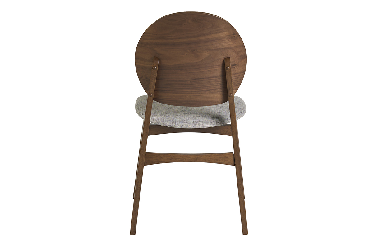 Sedia scandinava ELTON vista da dietro, in legno scuro con seduta in tessuto grigio chiaro.