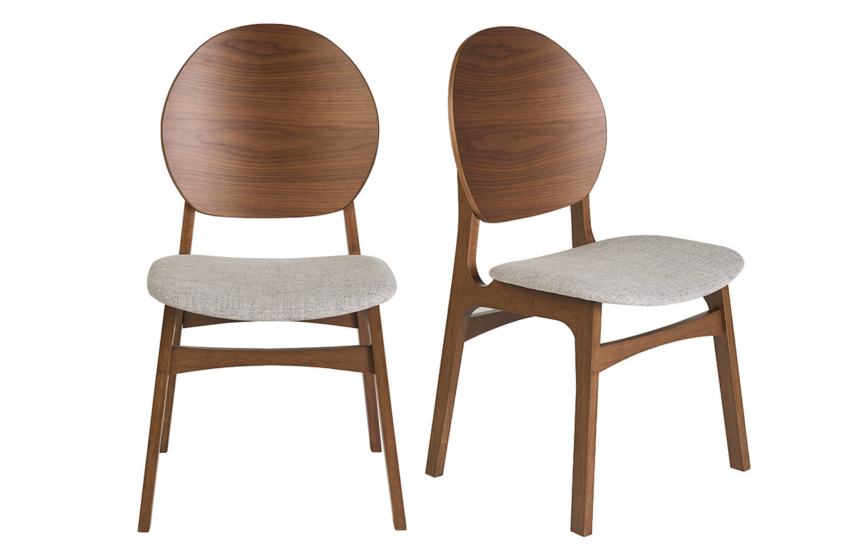 Set di 2 sedie scandinave in legno scuro e tessuto grigio chiaro, vista frontale