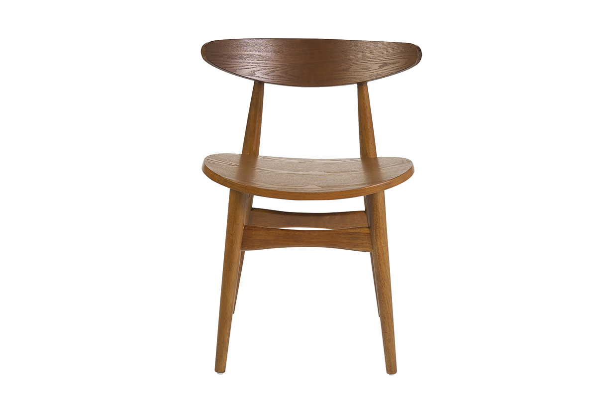 Sedia scandinava in legno di frassino scuro vista frontale con linee pulite e curve eleganti.