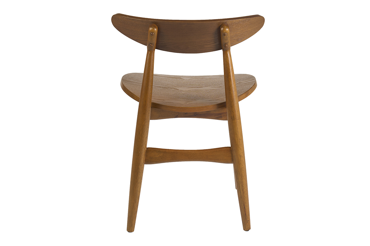 Sedia scandinava in legno di frassino scuro, vista da dietro, design essenziale ed ergonomico.
