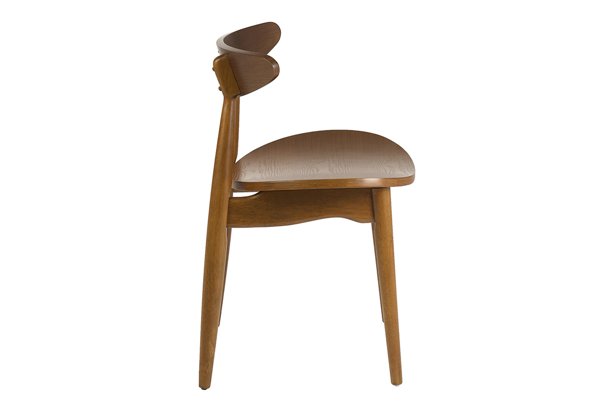 Sedia scandinava in legno di frassino scuro vista di profilo, seduta curva e gambe coniche.