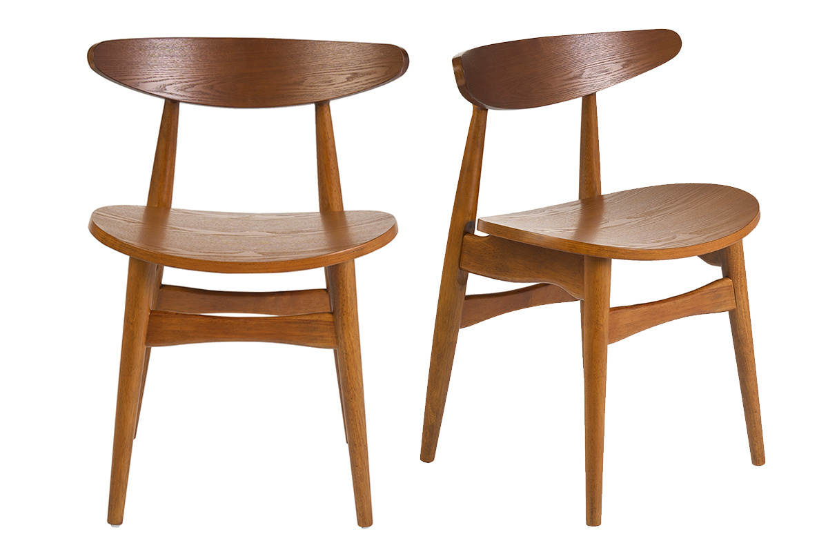 Sedie scandinave in legno di frassino scuro, set di 2, vista frontale, design essenziale.