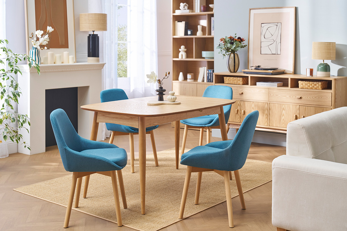 Sedie scandinave in tessuto blu anatra e legno massello chiaro (set di 2) HOLO