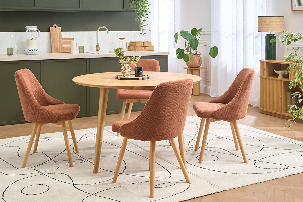 Sedie scandinave in tessuto ciniglia texturizzato terra bruciata e legno chiaro (set di 2) HASTA