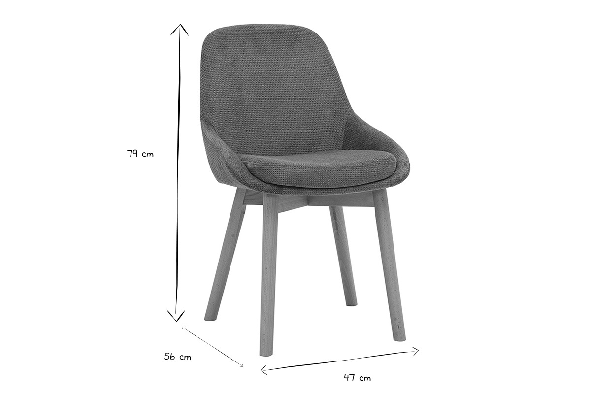 Sedia scandinava vista di profilo con dimensioni 47x56x79 cm in bianco e nero.