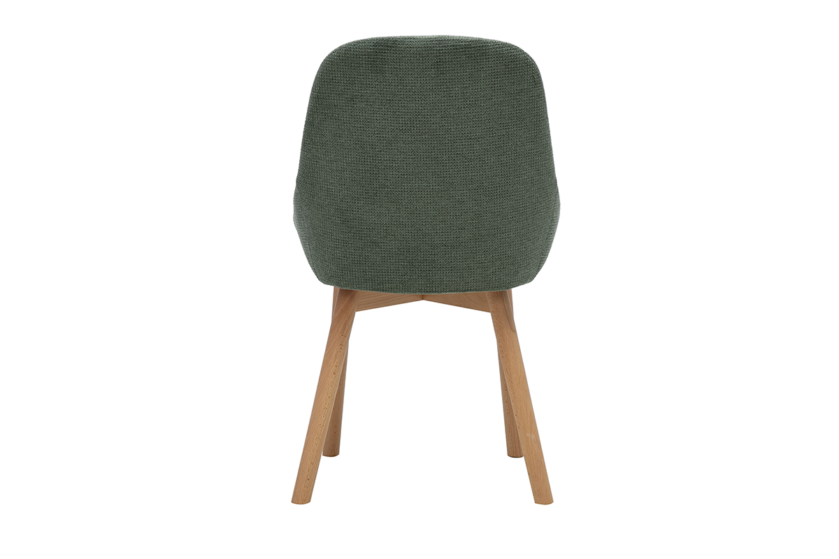Sedia scandinava in tessuto chenille verde kaki vista da dietro, struttura in legno chiaro.
