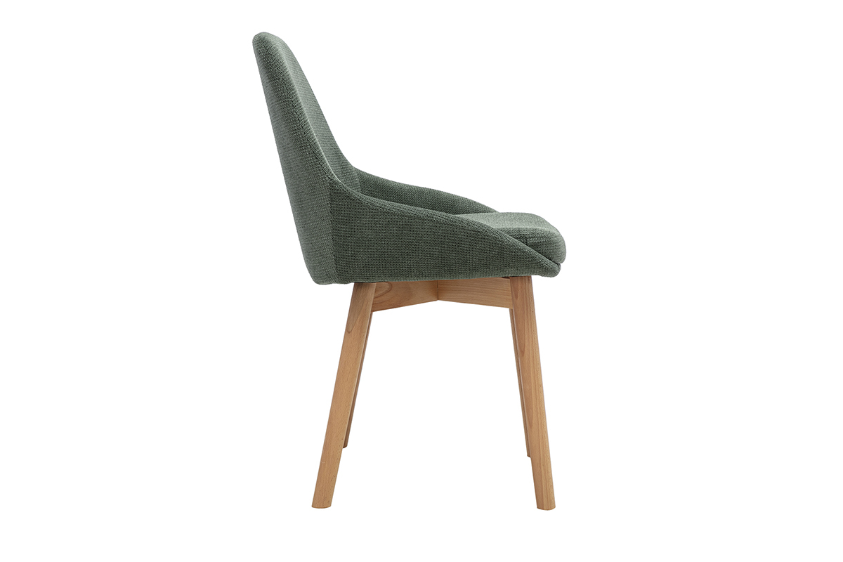 Sedia scandinava in tessuto chenille verde kaki vista di profilo con base in legno chiaro.