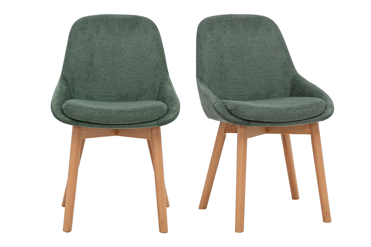 Set di 2 sedie scandinave in tessuto ciniglia verde kaki con gambe in legno chiaro