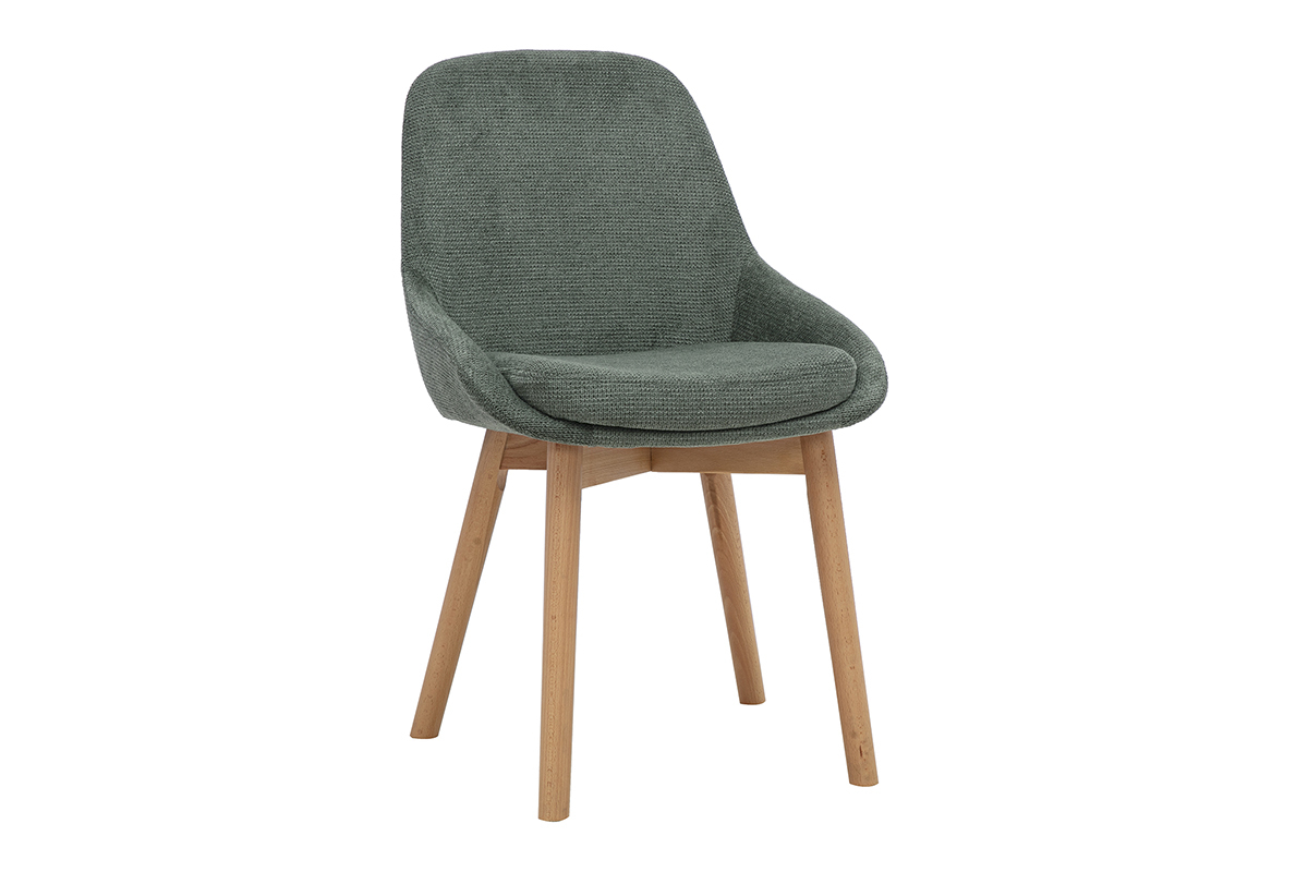 Sedia scandinava in tessuto chenille verde kaki con base in legno chiaro, vista a 3/4.