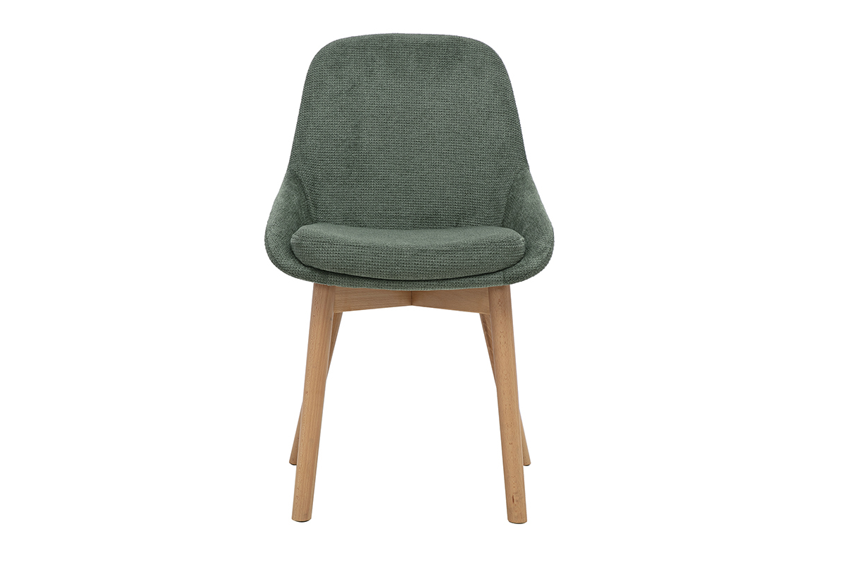 Sedia scandinava in tessuto ciniglia verde kaki e legno chiaro, vista frontale