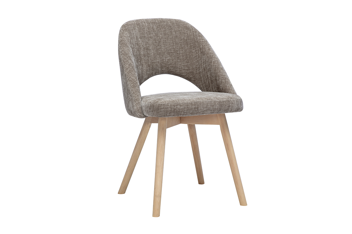 Sedia scandinava in tessuto effetto velluto taupe e legno chiaro, vista 3/4