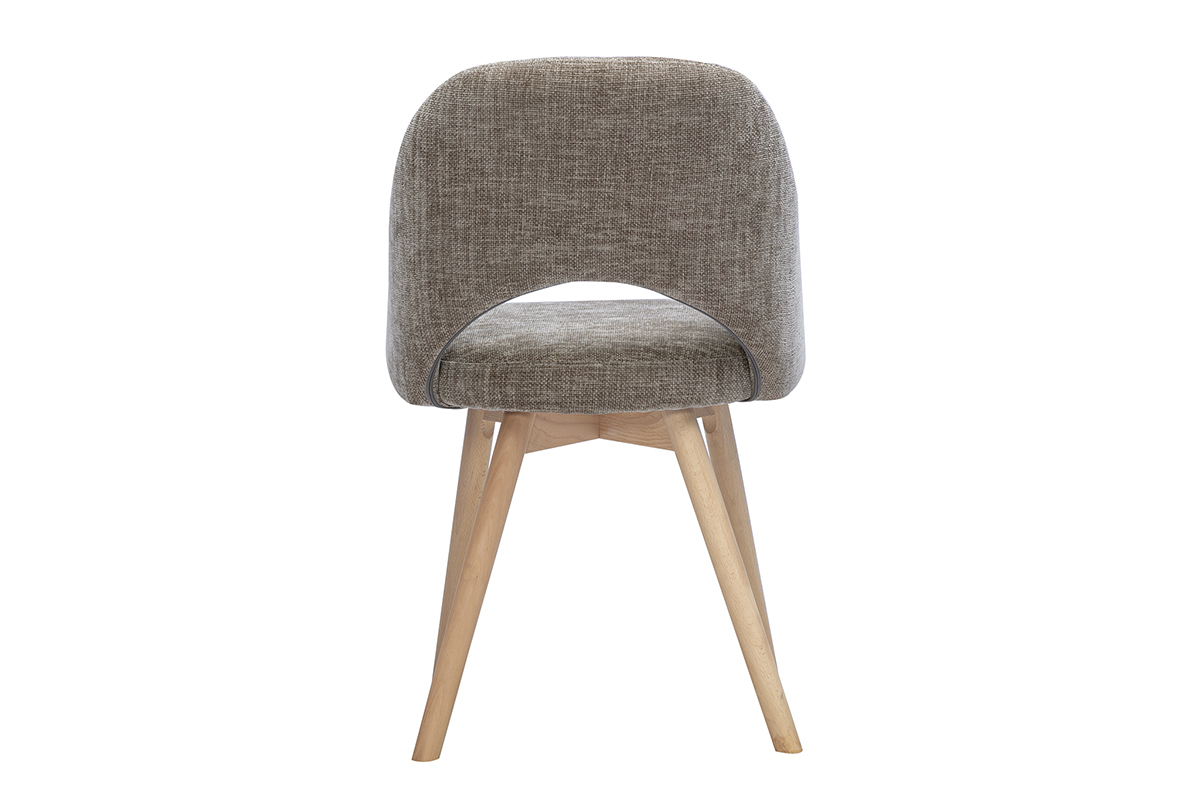 Sedia scandinava tortora in tessuto effetto velluto, vista posteriore su gambe in legno chiaro.