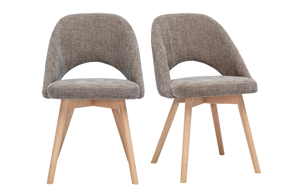 Sedie scandinave in tessuto velluto taupe con gambe in legno chiaro, set di 2, vista frontale.