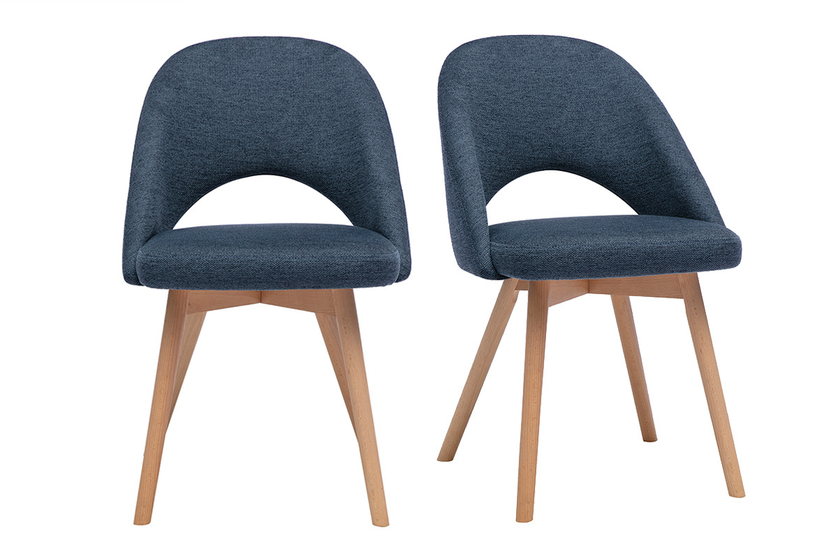 Set di 2 sedie scandinave in tessuto blu scuro e legno chiaro, vista frontale.