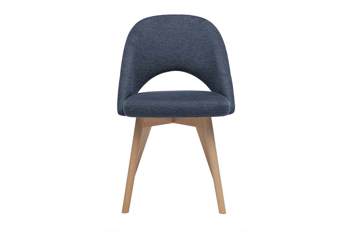 Sedia scandinava in tessuto blu scuro con gambe in legno chiaro, vista frontale.